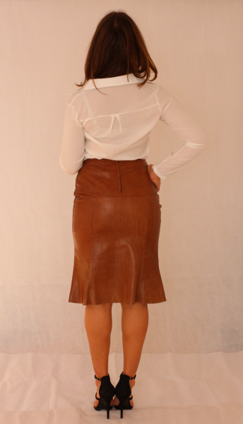 Falten Lederrock in cab / mittelbraun, Größe 36, Slim-fit, Bleistiftrock, eng