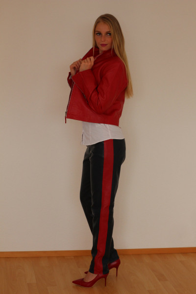 Lederleggings in blau mit rotem Seitenstreifen, Echtleder, mit Satinfutter und seitl. RV, Größe L