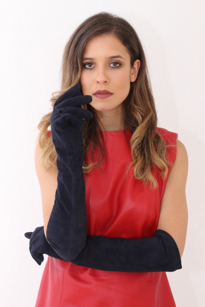 Operagloves aus Velourleder - Größe XL, slim-fit, dunkelblau