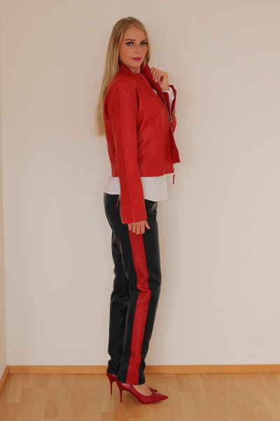 Lederleggings in blau mit rotem Seitenstreifen, Echtleder, mit Satinfutter und seitl. RV, Größe M