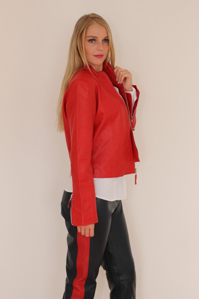 Lederleggings in blau mit rotem Seitenstreifen, Echtleder, mit Satinfutter und seitl. RV, Größe XXL