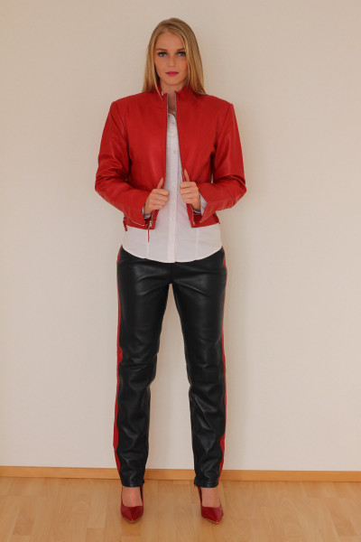 Lederleggings in blau mit rotem Seitenstreifen, Echtleder, mit Satinfutter und seitl. RV, Größe XXL